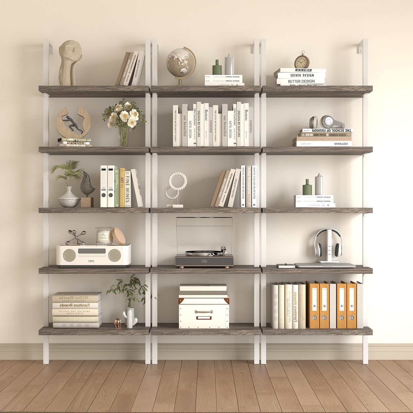 Airynee Ladder Bookshelf, 5 Tier Book Shelf, Wall Mount Bookshelves and Bookcases with Metal Frame, Anti Dump, Tall Bookcase for Living Room, Home Office, Bedroom Gray 3pcs