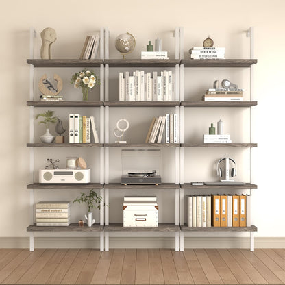Airynee Ladder Bookshelf, 5 Tier Book Shelf, Wall Mount Bookshelves and Bookcases with Metal Frame, Anti Dump, Tall Bookcase for Living Room, Home Office, Bedroom Gray 3pcs