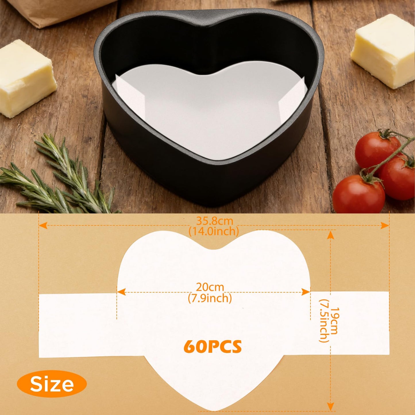 GeeRic Baking Parchment Paper 8 inch Heart Shape, 60 Pcs Cake Pan Liner with Lift Tab, Non-Stick Precut Baking Parchment for Baking Cookies, Bread (White)