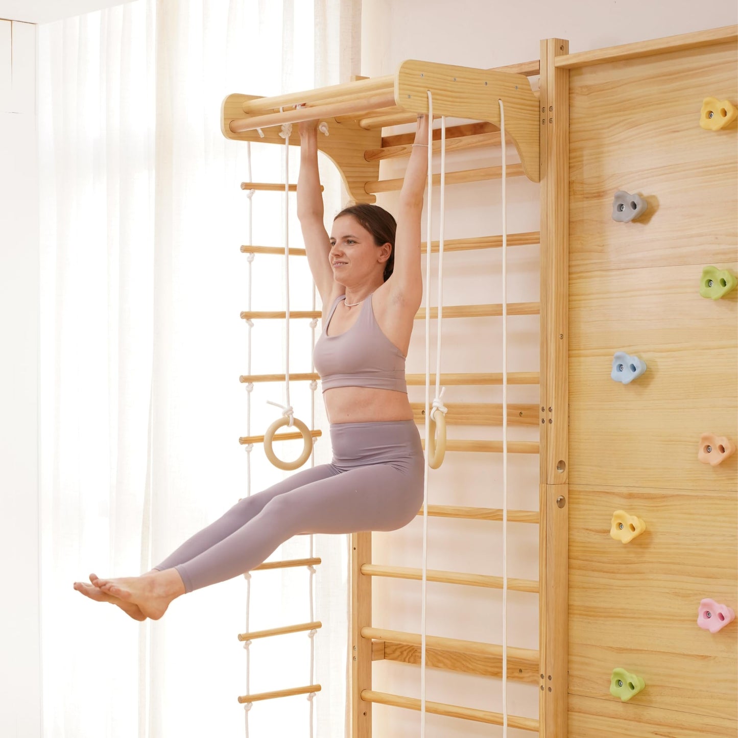Avenlur Walnut Modular 9-in-1 Swedish Ladder Wall Gym & Climber – Montessori Indoor Playset with Rock Wall, Rope Net, Slide, Swing & Monkey Bars | Kids Climbing Gym for Toddlers & Children