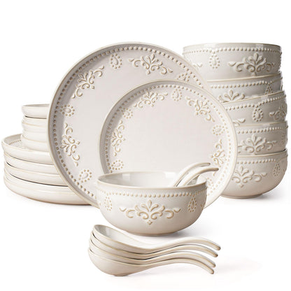 Artena Plates And Bowls Sets, 24 Pieces Dinnerware Sets, Dish Set For 6, Ceramic Kitchen Bowl And Plate Set, Embossed White Dishware Sets, Dishwasher & Microwave Safe (Damask Floral)