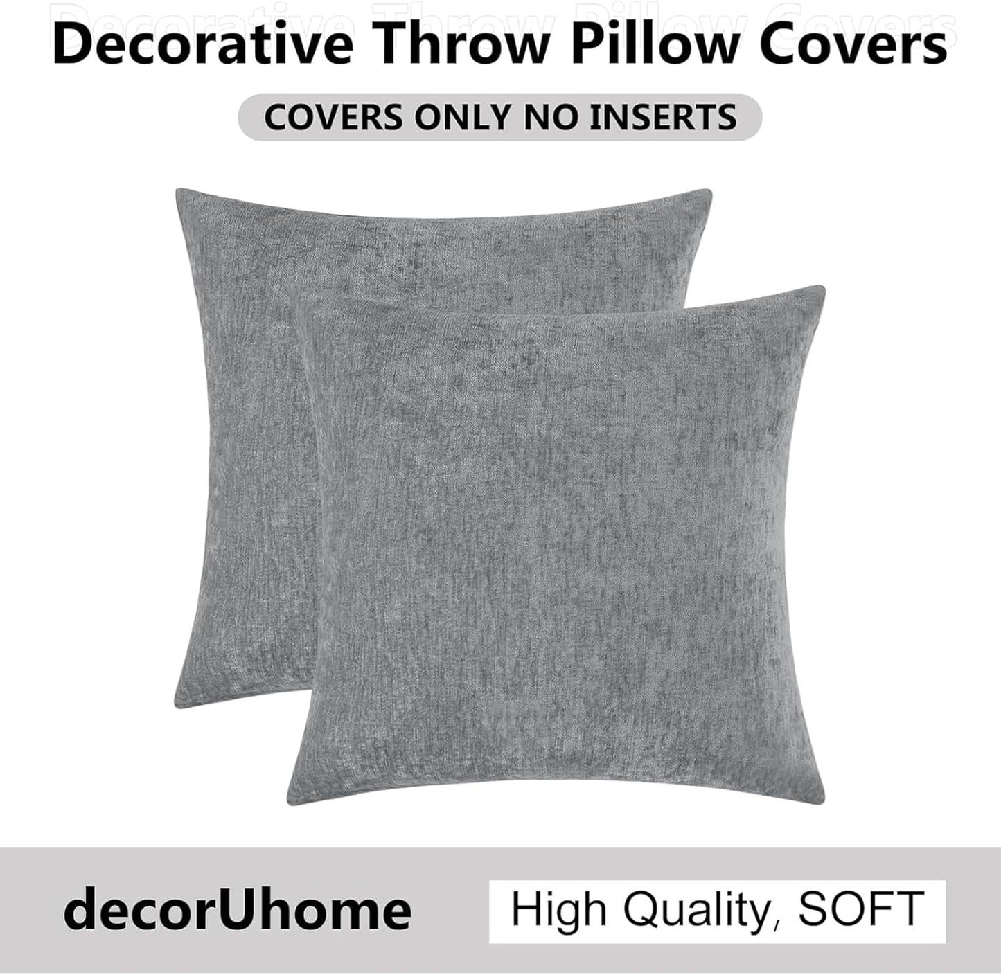 24x24 Inch Set 2, decorUhome Chenille Dark Grey Throw Pillow Covers of Decorative Soft Couch Pillow Covers Solid Dyed