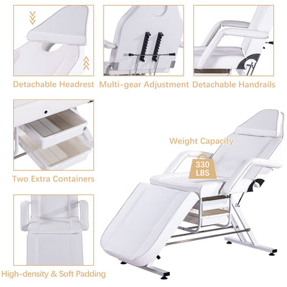 Amacv Massage Salon Tattoo Chair with Two Trays Esthetician Bed with Hydraulic Stool,Multi-Purpose 3-Section Facial Bed Table, Adjustable Beauty Barber Spa Beauty Equipment, White