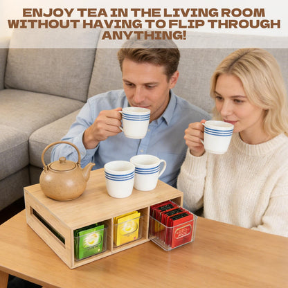 Tea Bag Organizer, Bamboo and Acrylic Tea Bag Holder with 3 Drawers, Wooden Tea Storage Organizer for Countertop, Sturdy Tea Chest Boxes for Shelf, Coffee Station, Sugar Packet, Small Packets