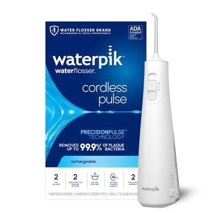 Waterpik Cordless Pulse Rechargeable Portable Water Flosser for Teeth, Gums, Braces Care and Travel with 2 Flossing Tips, Waterproof, ADA Accepted, WF-20 Blue, Packaging May Vary