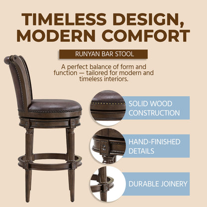 ROME + OAK Runyan 31" Swivel Bar Stool, High Back Barstool in Dark Walnut Finish with Vintage Brown Vegan Leather Seat