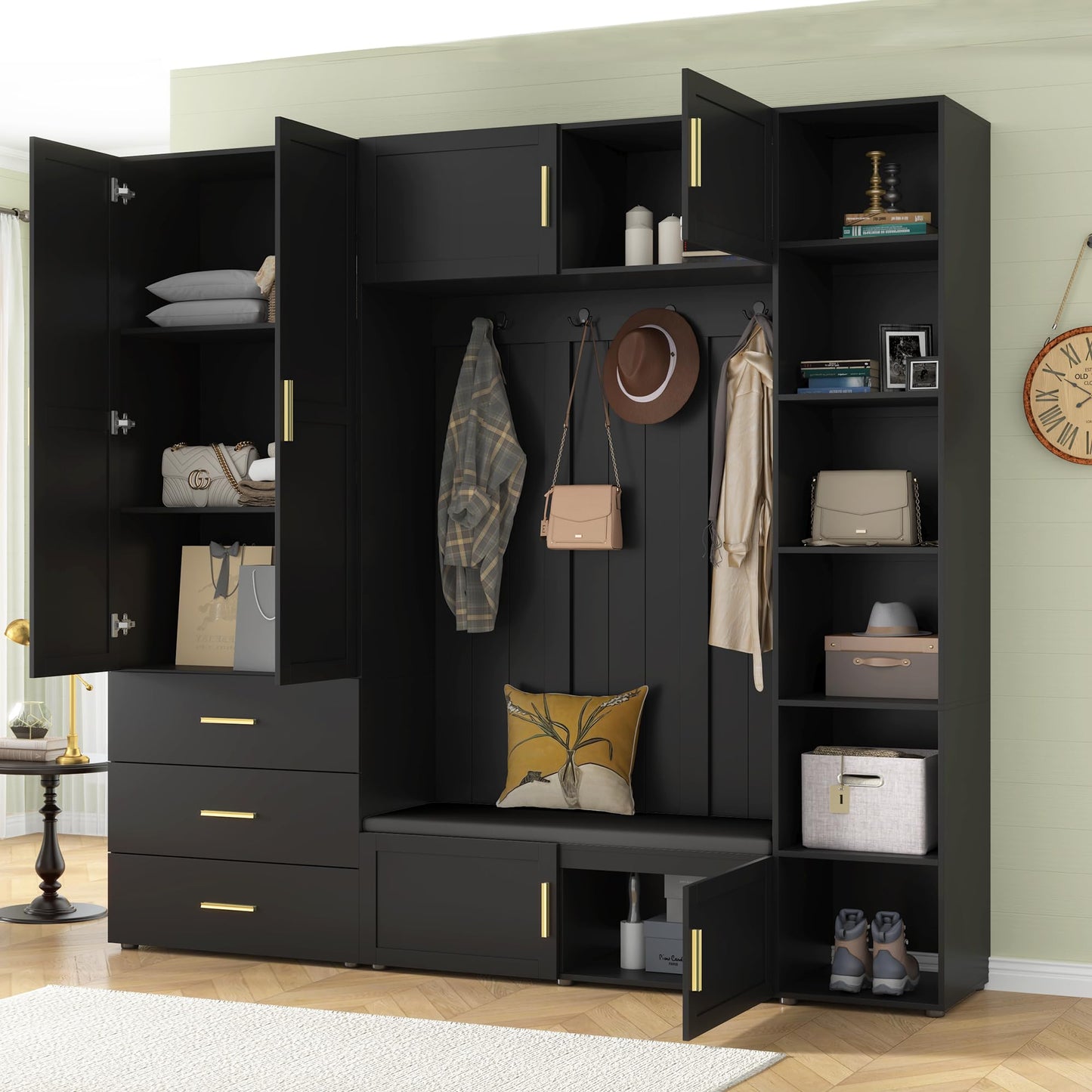Amposei 94.49’’W Extra Large Hall Tree Cabinet with 6 Doors & 3 Drawers, Tall Entryway Organizer Shoe Storage Bench with 4 Coat Hooks & 6 Open Cubbies for Hallway Mudroom Living Room, Black