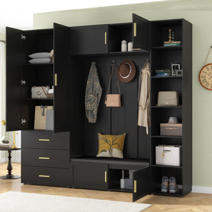Amposei 94.49’’W Extra Large Hall Tree Cabinet with 6 Doors & 3 Drawers, Tall Entryway Organizer Shoe Storage Bench with 4 Coat Hooks & 6 Open Cubbies for Hallway Mudroom Living Room, Black