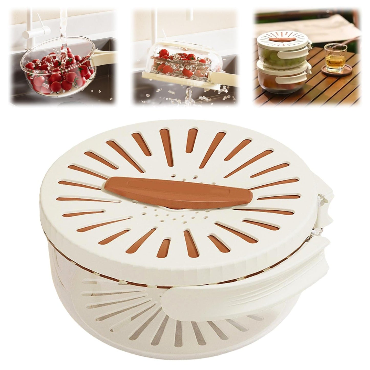 Kitchen Fruit Drainage Basket, Multifunctional Drainage Bowl, Fruit and Vegetable Washing Bowl with Lid, Kitchen Dual-Layer Draining Basket with Foldable Handle Portable 6.1" Fruit Strainer Brown