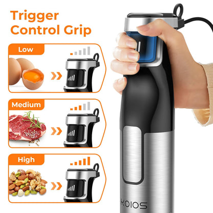 KOIOS Immersion Blender Handheld - Trigger Variable Speed 5-in-1 Immersion Hand Blender 1100W, Anti-Scratch Stainless Steel Shaft, Chopper & Milk Frother, Non-BPA for Soup, Baby Food and Smoothies