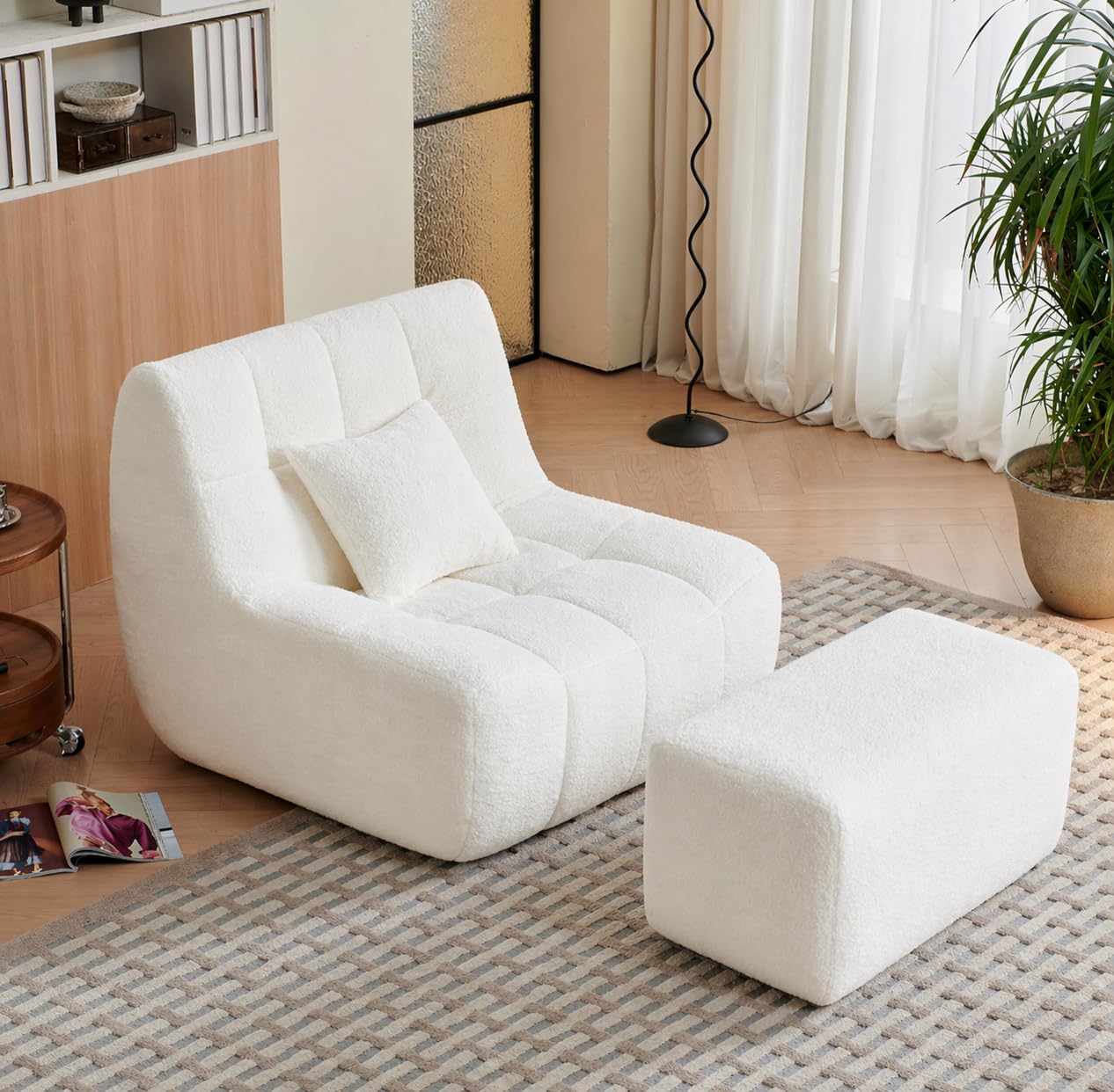 Bean Bag Chair With Footrest,Integrated Sponge Lounge Chair,Comfortable Bean Bag Sofa with Backrest, Faux FurBeanBagChair forAdultsandKids, Ideal for Bedrooms,Living Rooms,and Apartments(White)