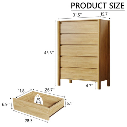 HOUROM 45" Tall 5-Drawer Dresser for Bedroom, Mid-Century Modern Chest with Solid Wood Legs, Concealed Handle,Large Wood Storage Organizer, Bedroom Storage,Oak
