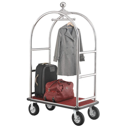 Global Industrial Silver Stainless Steel Bellman Cart Curved Uprights 8" Pneumatic Casters, 41-1/4"L x 24" W x 75" H, Hotel Luggage Cart for Commercial Use, Condos, Resorts