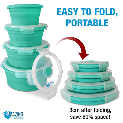 Collapsible Bowls for Camping, Set of 4 Silicone Food Storage Containers with Lids, Rv storage and organization, Rv Kitchen Accessories, BPA Free, Microwavable, Freezer, Dishwasher Safe