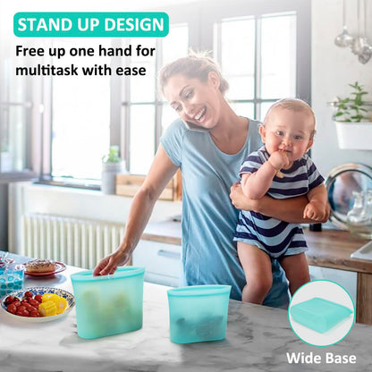 Reusable Food Bags, 12 Pack 100% Silicone Food Storage Bags Stand Up Zip Lock Container, Freezer Microwave Oven Dishwasher Safe, 4 Medium 4 Small 4 Extra Small, Aqua