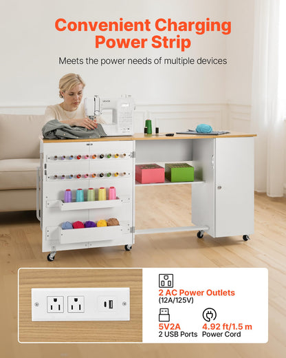 VEVOR Folding Sewing Table, Multipurpose Sewing Machine Table with Cabinet, Charging Station, Compact Design, Wheels, Wooden Pegs, Storage Trays and Shelf, Craft Station and Side Desk for Home