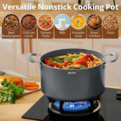 8 Quart Nonstick Stock Pot with Lid - BEZIA Ceramic Large Soup Pot for Family Cooking, Induction Ready, Stay-Cool Silicone Handles, Easy Cleanup, Perfect for Stews, Pasta & Batch Cooking