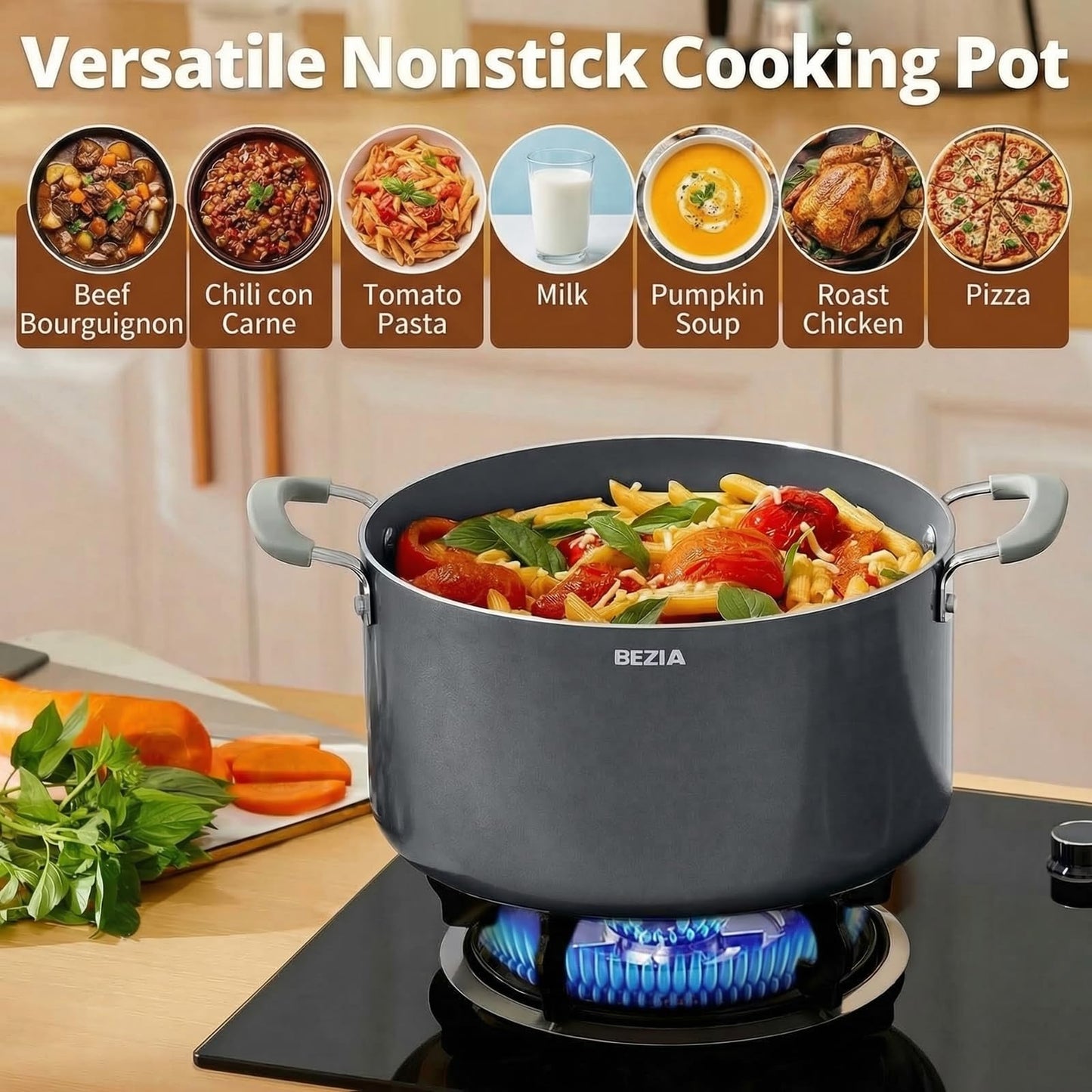 6 Quart Nonstick Stock Pot with Lid - BEZIA Ceramic Soup Pot for Small Families, Induction Cooking Pot with Stay-Cool Silicone Handles, Easy Cleanup, Perfect for Side Dishes, Daily Meals & Camping