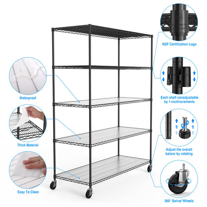pouseayar Heavy Duty Metal 5 Tier Shelf Wire Shelving Unit, 7500lbs Capacity NSF Adjustable Storage Rack with Wheels & Shelf Liners for Commercial Grade Utility Steel Storage Rack Home Office Black