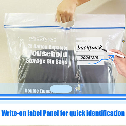 BEIDOU-PAC 25 Gallon Jumbo Storage Bags with Handle, 15 Count | Double Zipper Seal | Expandable Bottom, Resealable Clear zip Bags for Home, Travel, Moving, Commercial and Outdoor