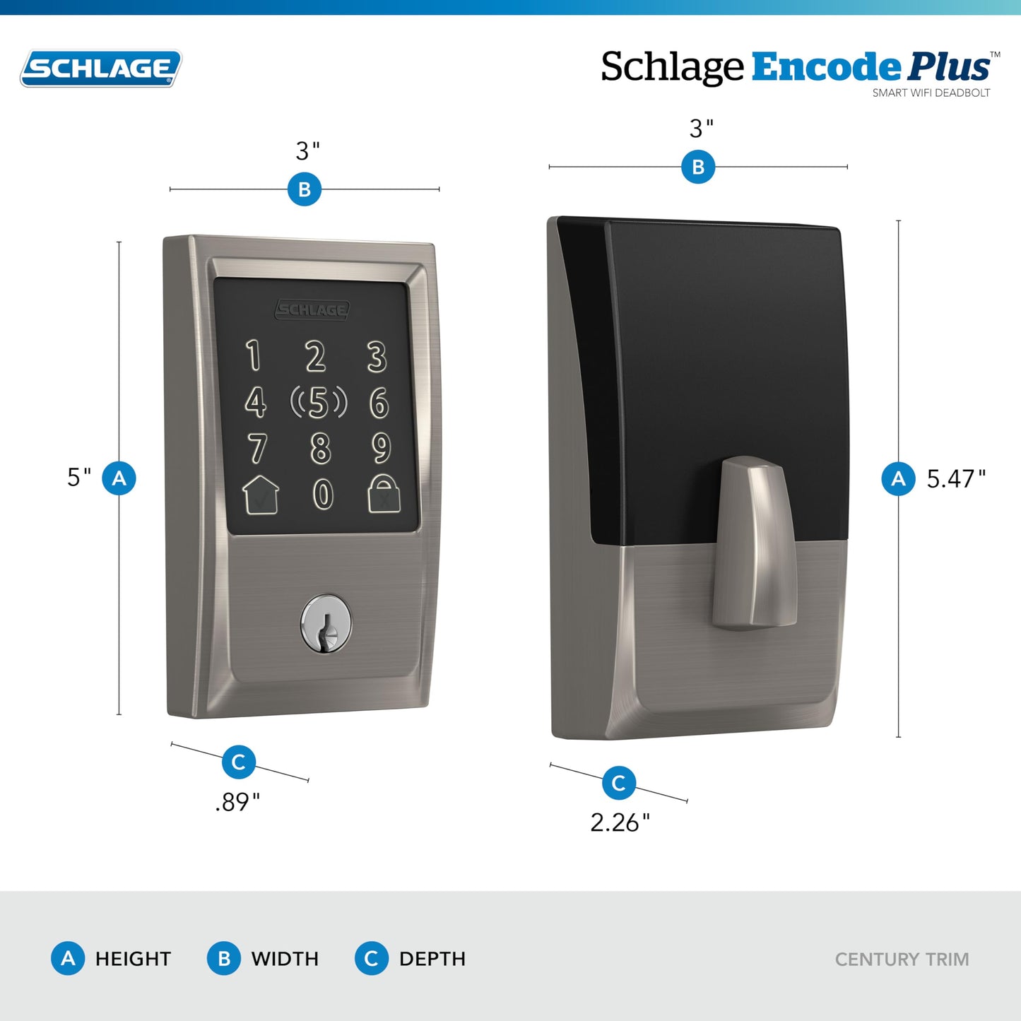 Schlage BE499WB CAM 619 Encode Plus WiFi Deadbolt Smart Lock, Keyless Entry Touchscreen Door Lock with Camelot Trim, Satin Nickel