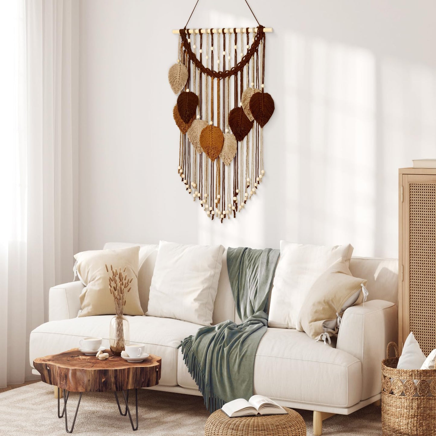 Weldomcor Macrame Wall Hanging Boho Leaf Woven Tapestry, Bohemian Chic Home Decor Modern Handmade Leaves Feather Wall Art Decorations for Bedroom Living Room Apartment Ornament 16.5" W X 31.5" L