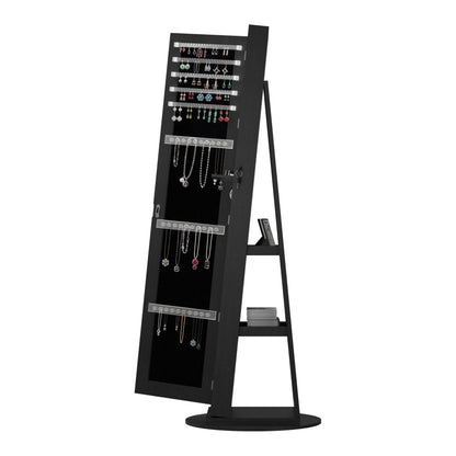 KEIKI 360°Swivel Jewelry Armoire with Full Length Mirror, 62.3" Rotating Standing Jewelry Armoire Organizer, Lockable Storage Cabinet, Interior Lighted Mirror, Black