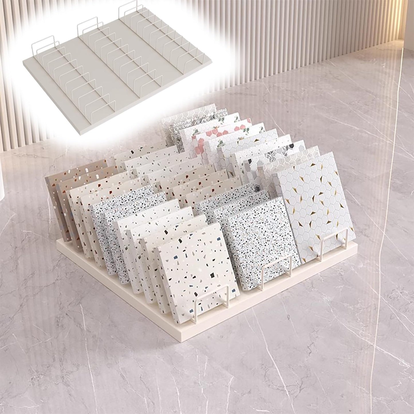 Beige Desktop Tile Sample Display Rack for Retail, Wooden Floor & Door Plate Storage Stand, Marble Slab Showcase Shelf for Exhibition Hall with 30 Card Slots
