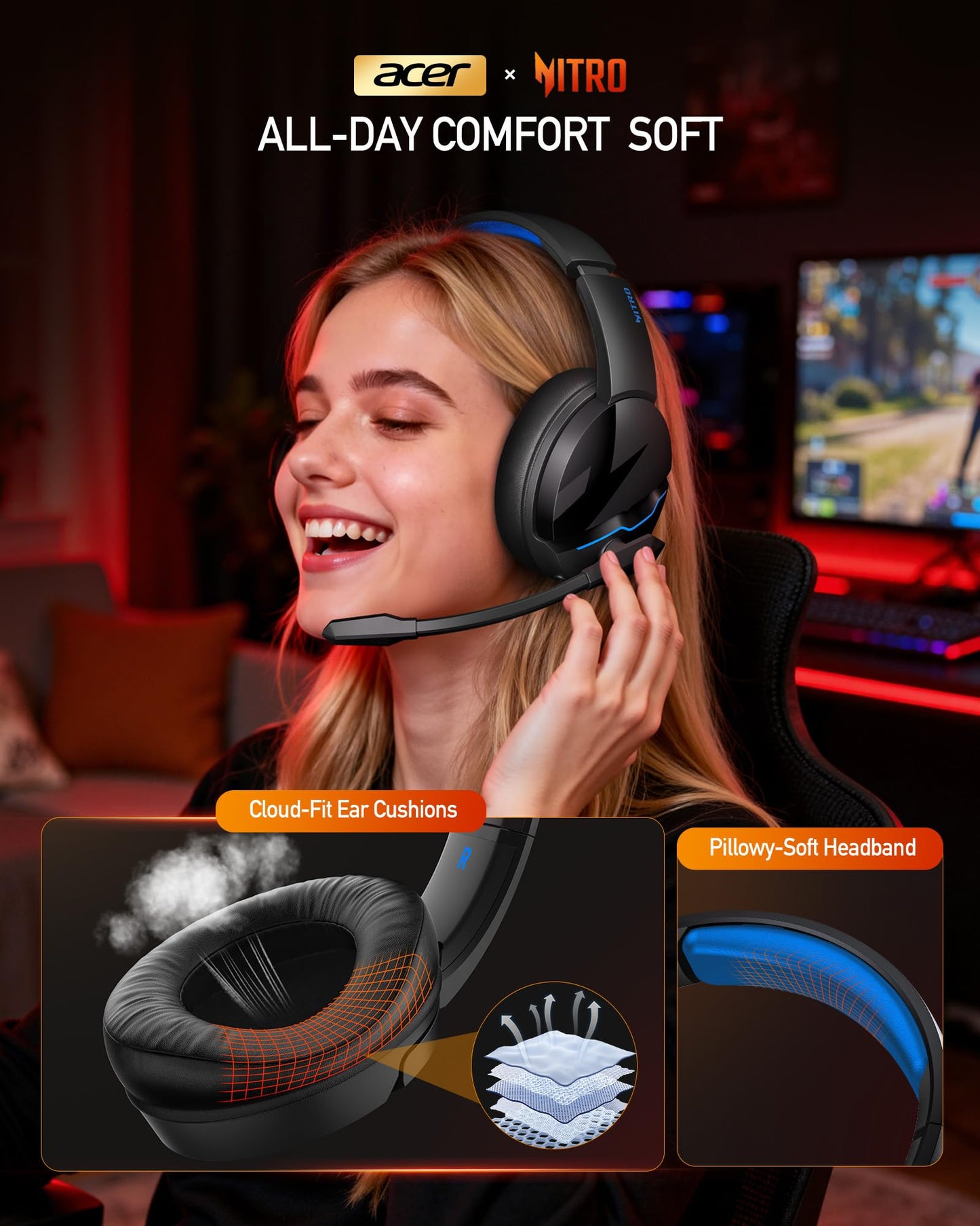 Acer 2.4GHz Flex Wireless Gaming Headset | Non-Stop 100H Battery | Dynamic 50mm Drivers | Clear Voice Mic | Bluetooth5.3, 3.5mm | Gaming Headphones for PC, PS4, PS5