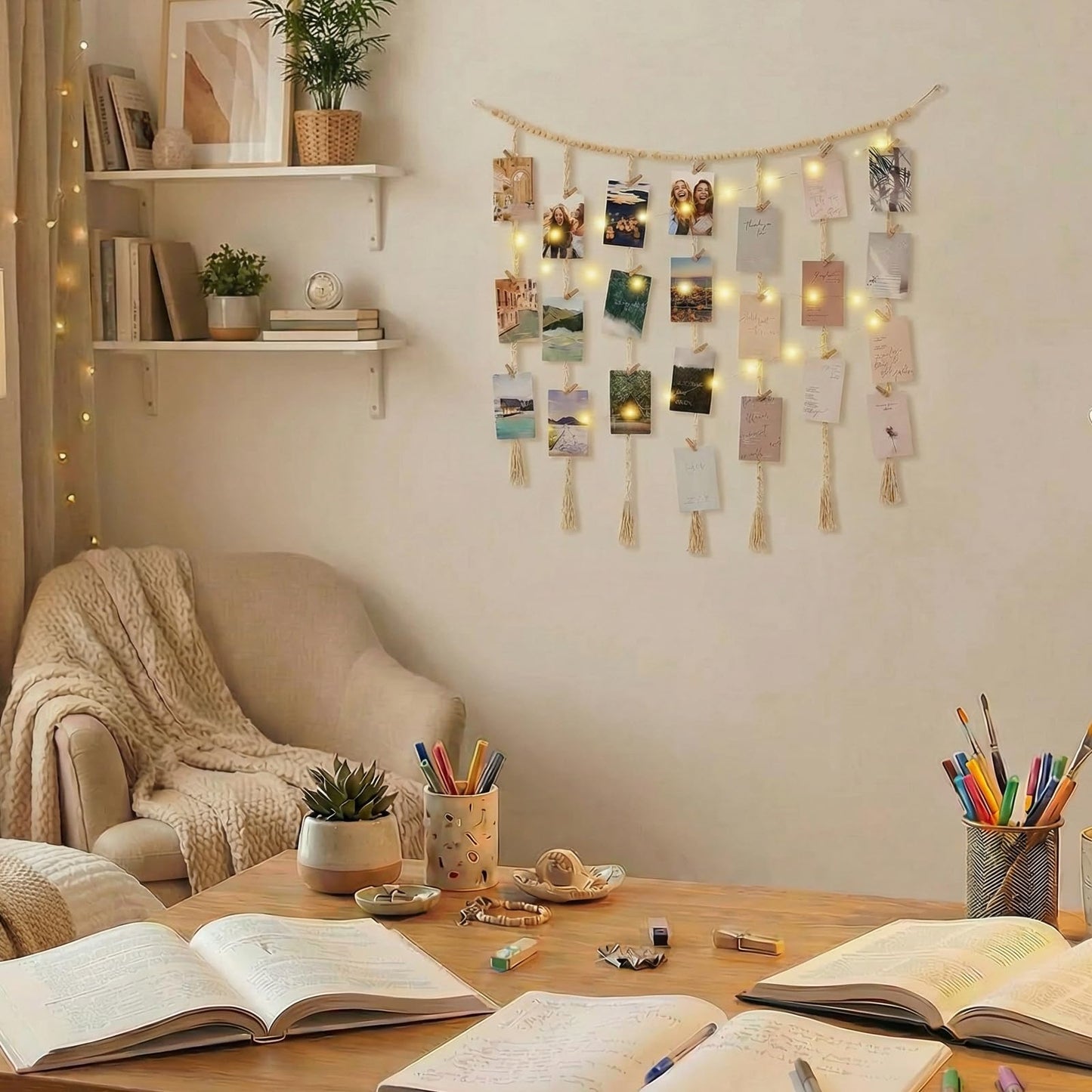 shuielai Macrame Hanging Photo Display with String Lights, Boho Wall Decor with Wooden Beads Garland & Clips, Picture Collage Holder for Bedroom Living Room Dorm, for Teen Girls