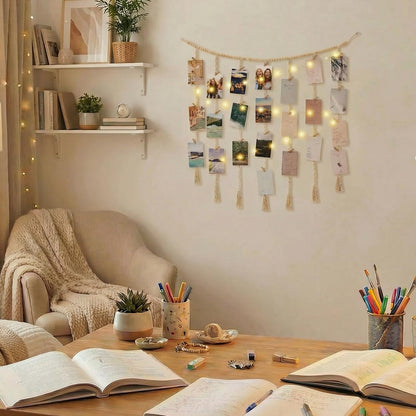 shuielai Macrame Hanging Photo Display with String Lights, Boho Wall Decor with Wooden Beads Garland & Clips, Picture Collage Holder for Bedroom Living Room Dorm, for Teen Girls