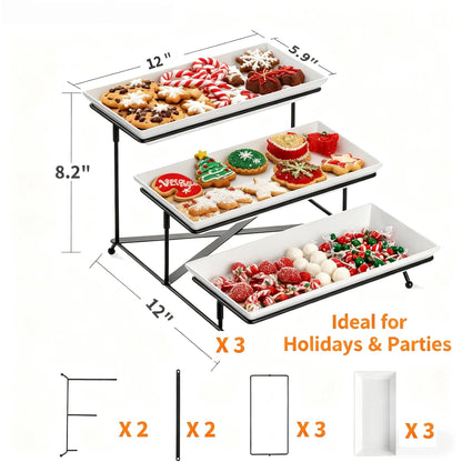Farielyn-X 3 Tier Serving Tray, 12" White Plastic Tiered Food Serving Platters, Reusable Tray Stand Black Collapsible Metal Stand with Stable Cross Bars, Party Display Stands for Veggie Fruit, Dessert