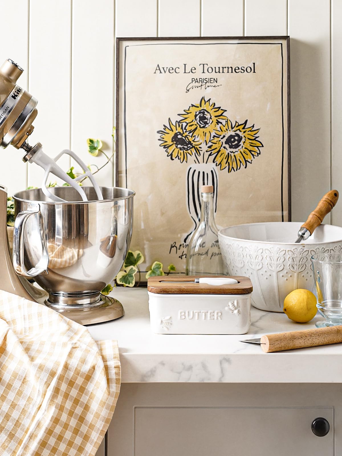 LE TAUCI Butter Dish with Lid for Countertop, Ceramic Butter Container, Embossed Butter Keeper with Acacia Wood lid, Knife, and Airtight Cover, Farmhouse Decor - Set of 1, Arctic White, Bee Pattern