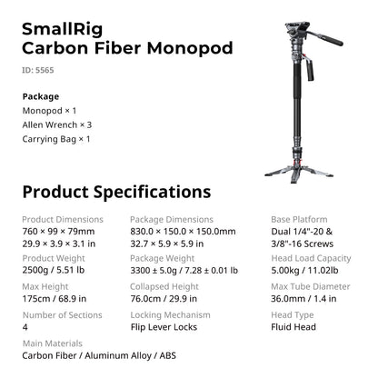 SmallRig 175cm / 68.9" Carbon Fiber Video Monopod for Camera, Compact Camera Monopod with One-Button Lift & Lock, Max. 5kg Playload Fluid Head Fits for DJI RS and for MFT 501L