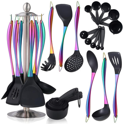 Silicone Cooking Utensils Set, 17pcs Kitchen Utensil Set with Rotatable Holder, Heat-Resistant Silicone Utensils for Cooking, Non-Stick Spatula Set with Stainless Steel Handle,Turner,Ladle (Rainbow)