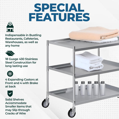 3 Shelf Stainless Steel Tubular Utility Cart | Metal Utility Cart on Wheels with Handle | NSF Certified | (18" Wide X 28" Long X 33" High)