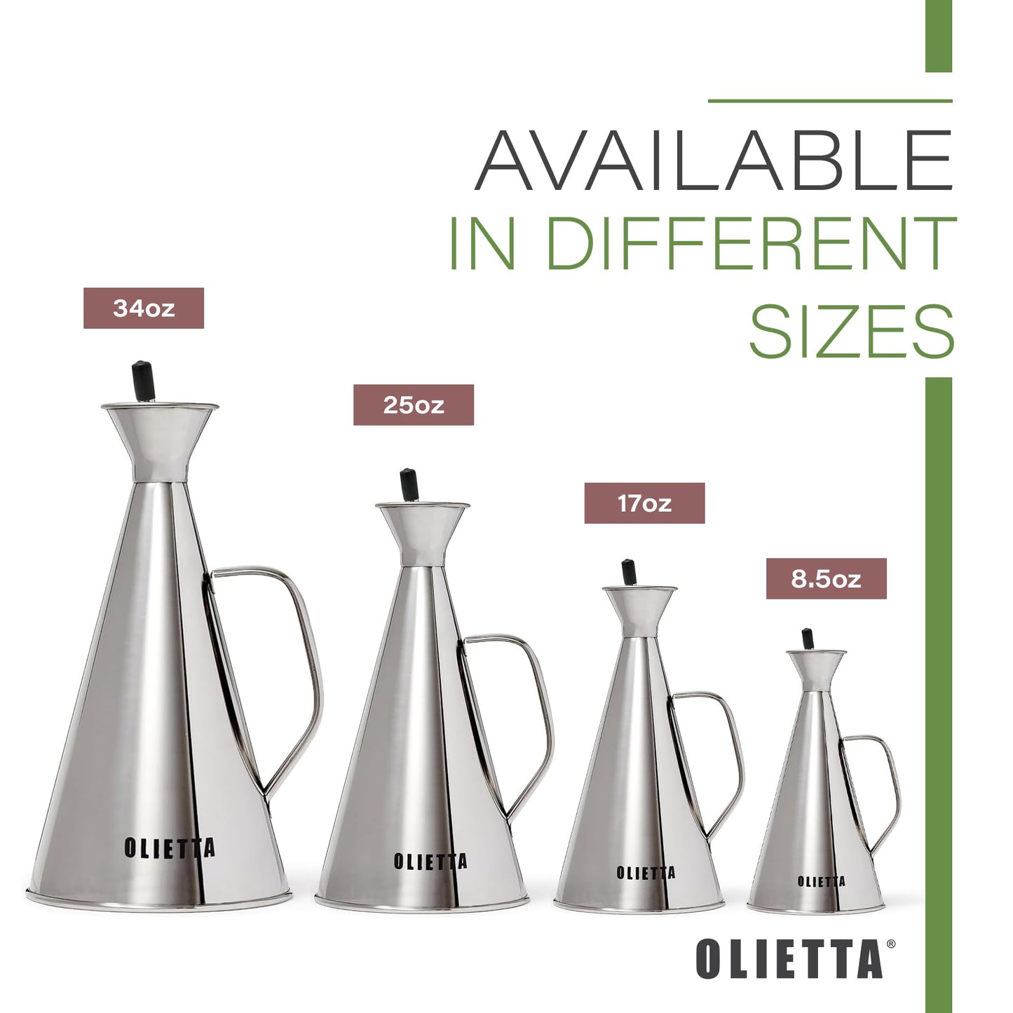 Olietta Olive Oil Dispenser Bottle Stainless Steel Non Drip Leak Proof No Mess Vinegar Pourer & Kitchen Drizzler 17 oz 500ML 0.5 Litre Great for Pouring & Drizzling Easy to Clean & Leakproof