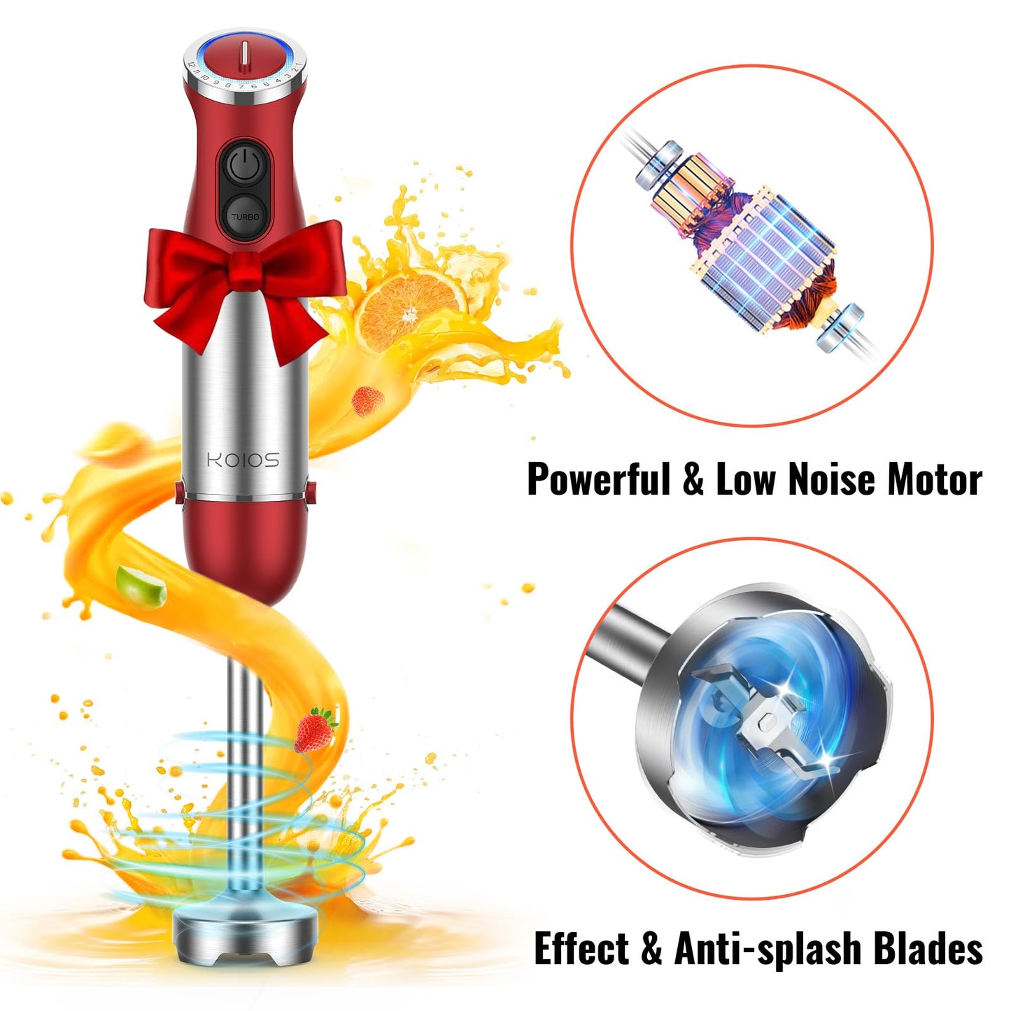 KOIOS 5-in-1 Hand Immersion Blender, 1000W 12 Speed Handheld Blender Stick with Copper Motor Stainless Steel Blade, 600ml Mixing Beaker,500ml Food Processor, Whisk, Milk Frother, Non-BPA, Red