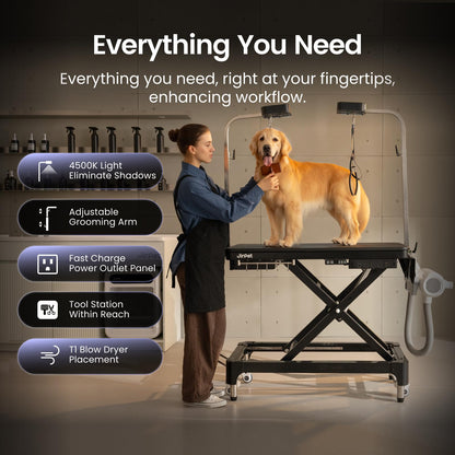JirPet Dog Grooming Table for Large Dogs, Electric Lift with Memory Function, 46″ Professional Grooming Table with Strong Stability, Power Outlet, Grooming Light, and Wheels for Easy Mobility