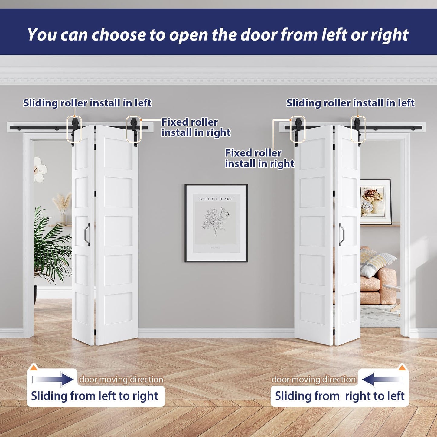 FREDBECK 42X84(Double 21x84) Bifold Door Bi-fold Barn Doors White Double with 46" Hardware Track Kit Included,Solid MDF with Water-Proof PVC Surface for Closet,Assembly Required