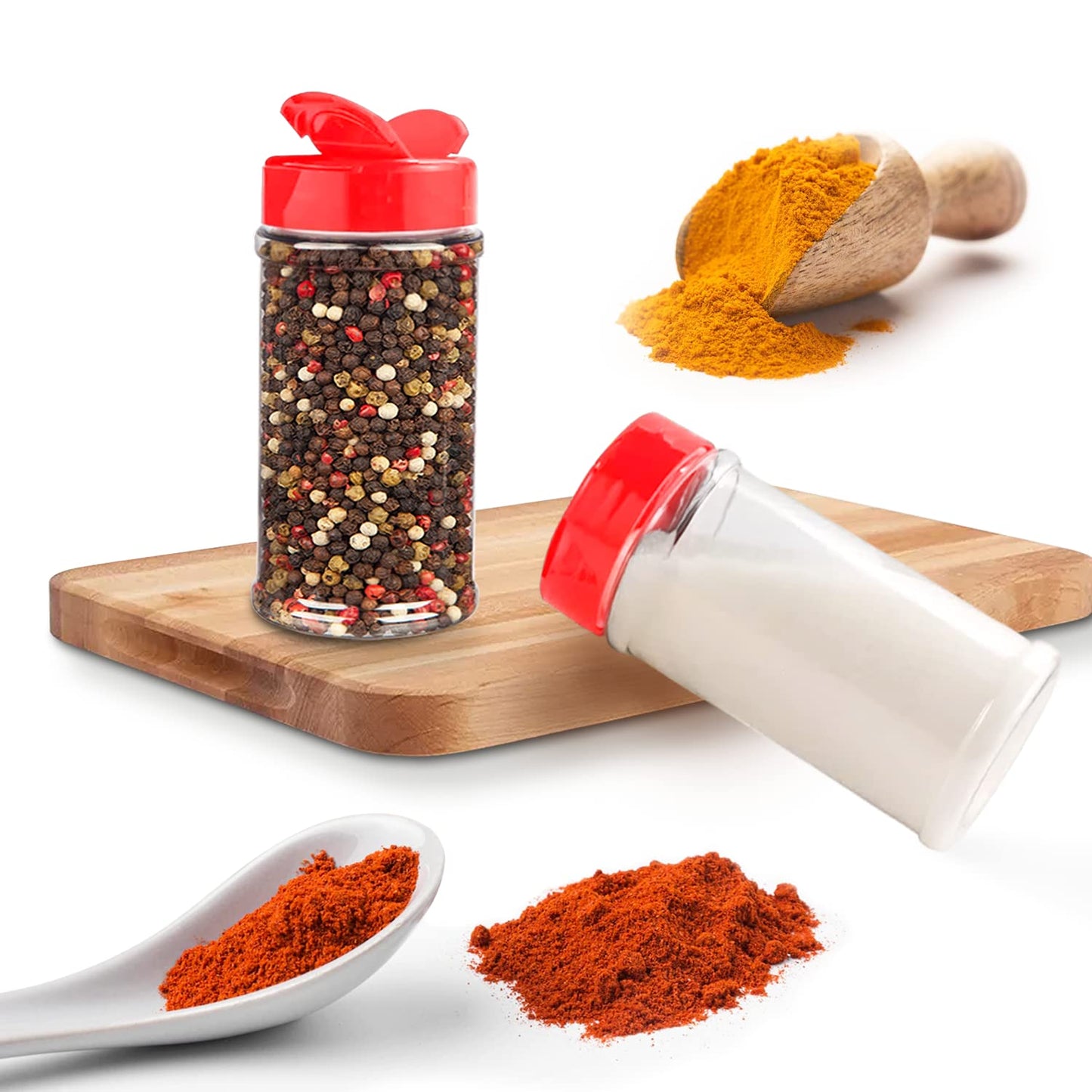 RoyalHouse 6 Pack 16 Oz Plastic Spice Jars with Red Cap, Clear and Safe Plastic Bottle Containers with Shaker Lids for Storing Spice, Herbs and Seasoning Powders, BPA Free, Made in USA