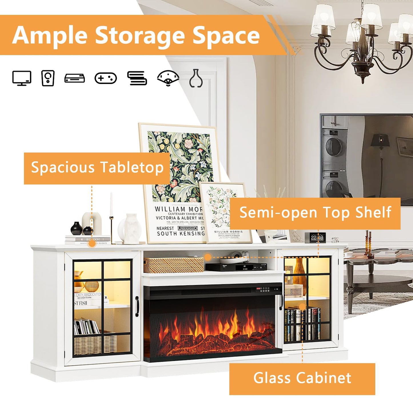 OneBlis 80" Fireplace TV Stand with 3-Sided Glass, TV Cabinet for TVs up to 90", Modern Media Entertainment Center with Farmhouse Glass Door Storage Cabinets, for Living Room, White