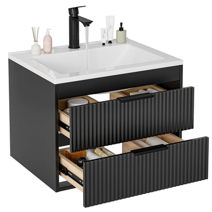 24 Inches Modern MDF Bathroom Vanity with Sink, Wall Mounted Floating Cabinets w/Double Drawers, Black Handles, White Resin Sink Combo Set (Black, 24")