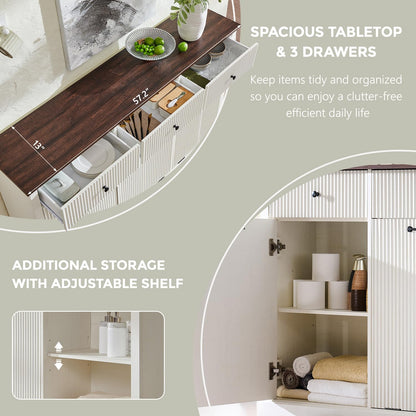 IFGET Triple Tilt Out Trash Can Cabinet, Modern Fluted Laundry Hamper Cabinet with 3 Drawers, 20 Gallon Hidden Wooden Garbage Can Cabinet w/Storage Basket & Adjustable Shelf, for Kitchen, White