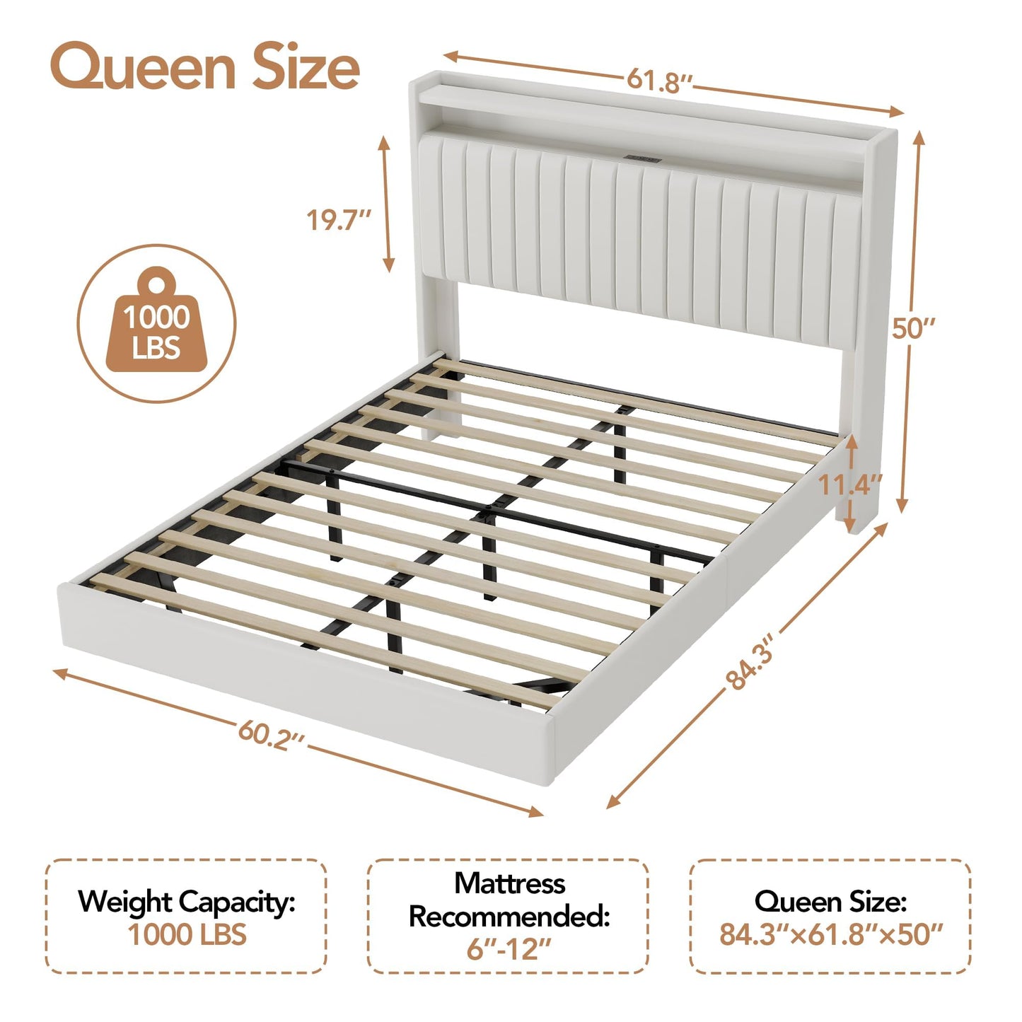 GarveeLife 50'' Tall Queen Floating Bed with LED Lights & Charging Station, PU Leather Bed Frame with Storage Headboard, Kick-Free, Noise-Free, Easy Assembly, No Box Spring Needed, White