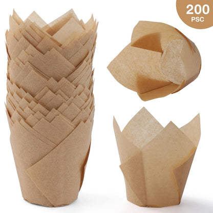 200pcs Tulip Cupcake Liners, Standard Greaseproof Paper Baking Cups Muffin Liners Holders Perfect for Bridal Showers, Baby Showers, Birthday Parties, Banquets, and Catering Events (Natural)