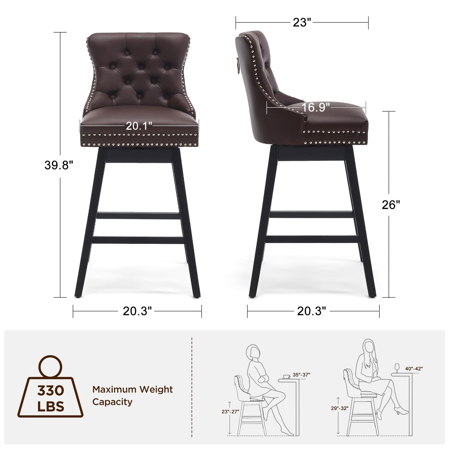 Fahomiss Brown Leather Swivel Bar Stools Set of 4 with Back, 26 Inch Counter Height Chairs, Solid Wood Legs, Tufted Seat, Comfortable and Stylish for Kitchen, Island, Home Bar（Brown, 4 Pack, 26" H）