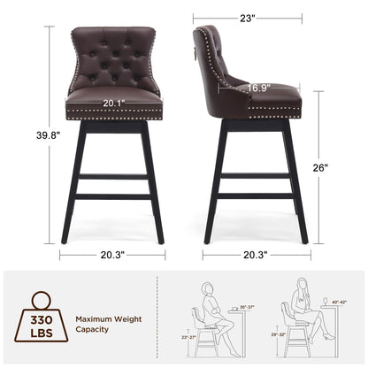 Fahomiss Brown Leather Swivel Bar Stools Set of 4 with Back, 26 Inch Counter Height Chairs, Solid Wood Legs, Tufted Seat, Comfortable and Stylish for Kitchen, Island, Home Bar（Brown, 4 Pack, 26" H）