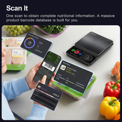 Amzmerit Smart Food Kitchen Scale with Nutritional Calculator, Timer, 0.1g High Precision Kitchen Scale, Free App with 27 Nutrients Tracking, Digital Grams and Ounces for Weight Loss,11lbs/5kg (Black)