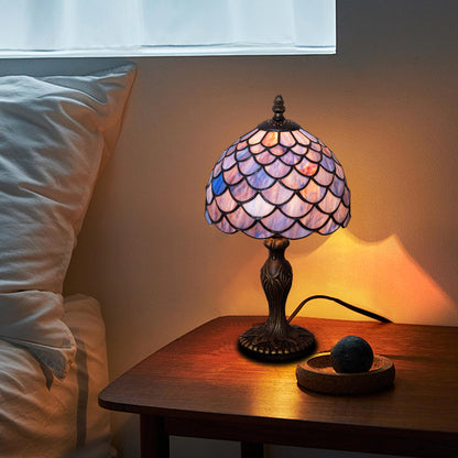 GILGGAK Small Tiffany Stained Glass Table Lamp Wisteria Style Lampshade Nightstand Light for Bedroom Dorm Living Hallway Coffee Table Office Housewarming Gift 8X8X15 (Blue Purple Fish Scales)